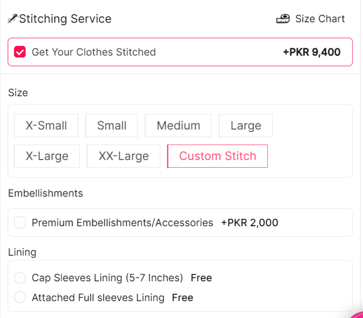 stiching service size chart