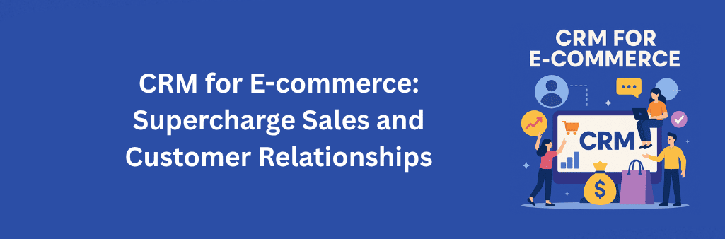 CRM dashboard with charts, shopping cart, dollar sign, and people interacting with ecommerce icons
