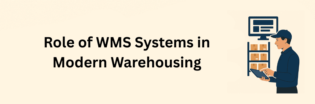 Flat design illustration showing the role of WMS systems in modern warehousing, with a worker using a tablet in front of shelves and a digital dashboard screen