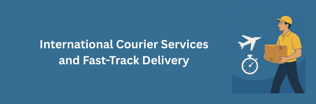 Flat-style illustration of a courier in yellow uniform holding a package, with airplane and stopwatch icons symbolizing international courier services and fast-track delivery