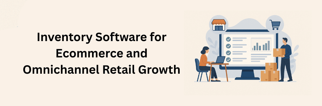 Illustration of a woman working on a laptop and a man handling boxes beside a large digital dashboard displaying checklists and analytics, connected with shopping and retail-related icons.}