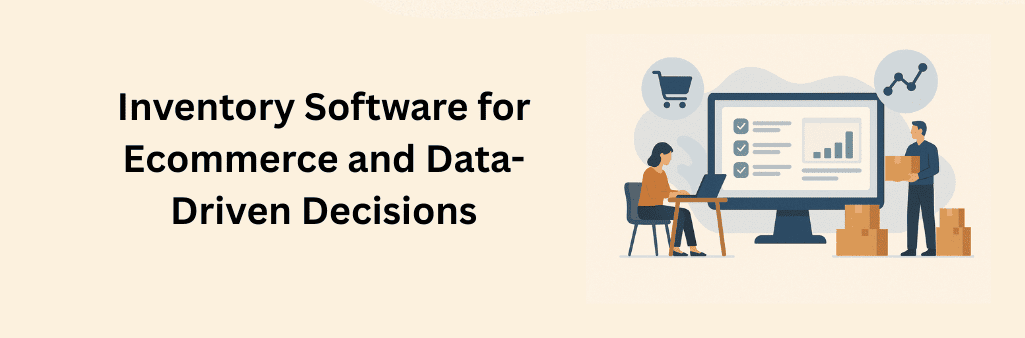 Illustration showing a woman using a laptop, a man handling boxes, and a large computer screen with analytics dashboards, surrounded by shopping cart and data chart icons to represent data-driven decisions