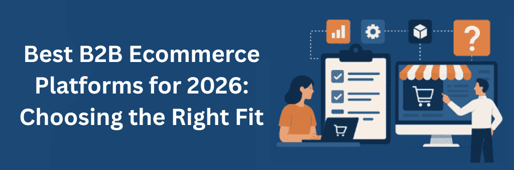 Minimalist flat illustration of two people comparing Best B2B Ecommerce Platforms, with icons for data, settings, and storefronts connected by dotted lines