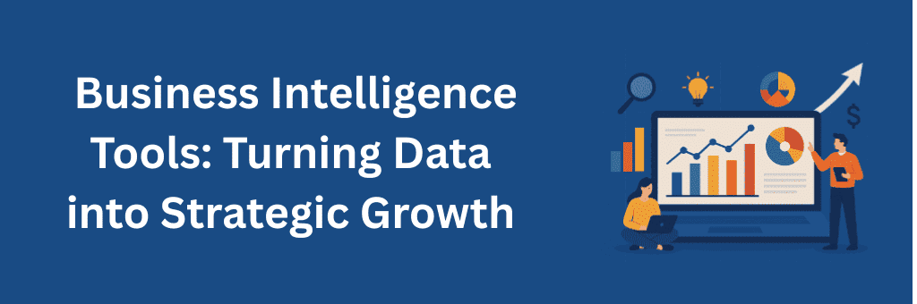 Flat illustration of a laptop displaying colorful charts, graphs, and dashboards with professionals reviewing business data for intelligence and growth.