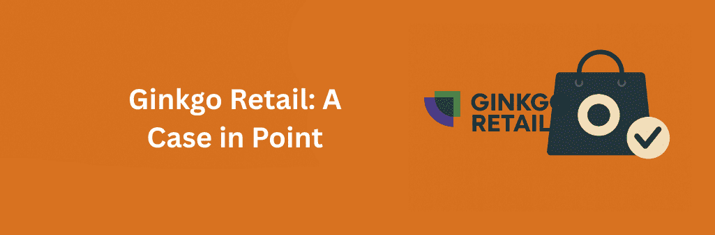 Flat design illustration with Ginkgo Retail logo on left and dark shopping bag with checkmark on right, set on orange background
