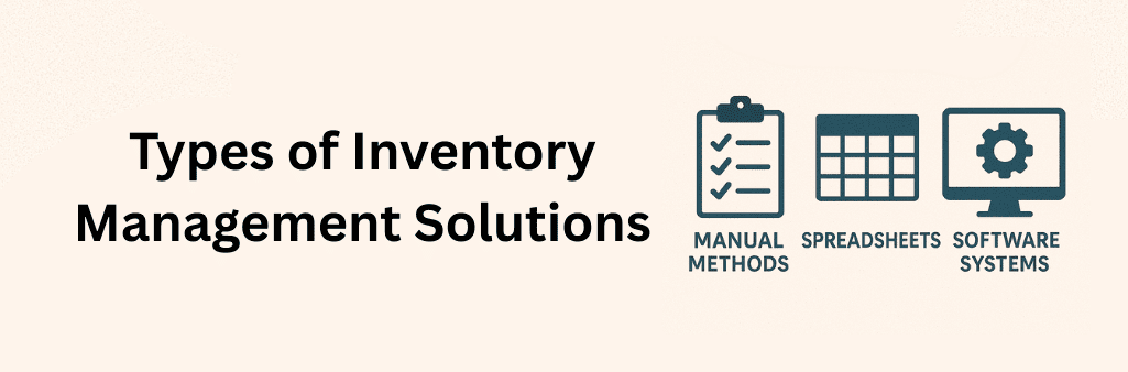 Icons of a checklist, spreadsheet grid, and computer monitor with gear representing manual methods, spreadsheets, and software systems