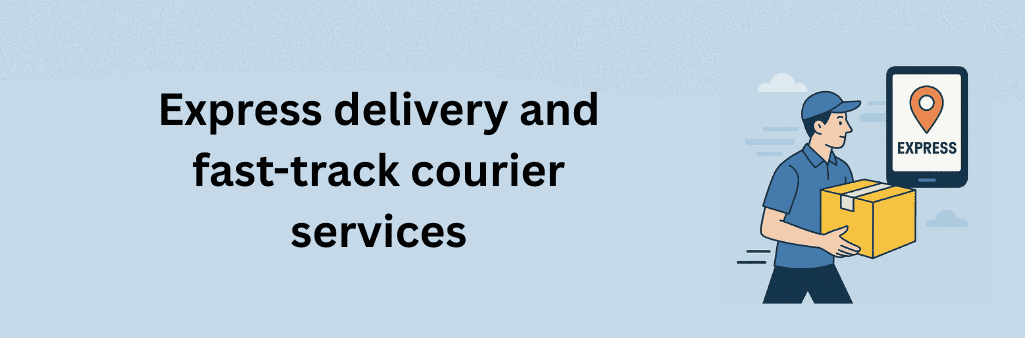 Flat illustration of a courier in uniform carrying a package with a smartphone showing an express delivery pin icon