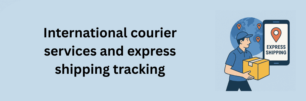 Flat illustration of a courier holding a package, a globe with location pins, and a smartphone displaying Express Shipping