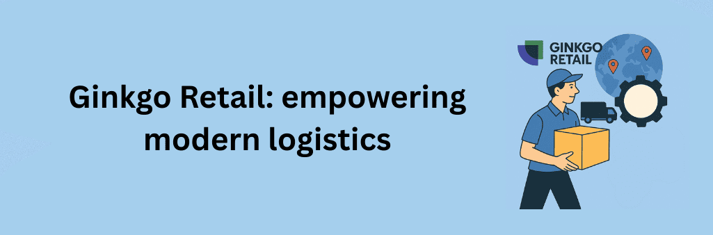 Flat illustration of a courier with a package, a globe with location pins, a truck, and a ginkgo leaf inside a gear symbolizing modern logistics