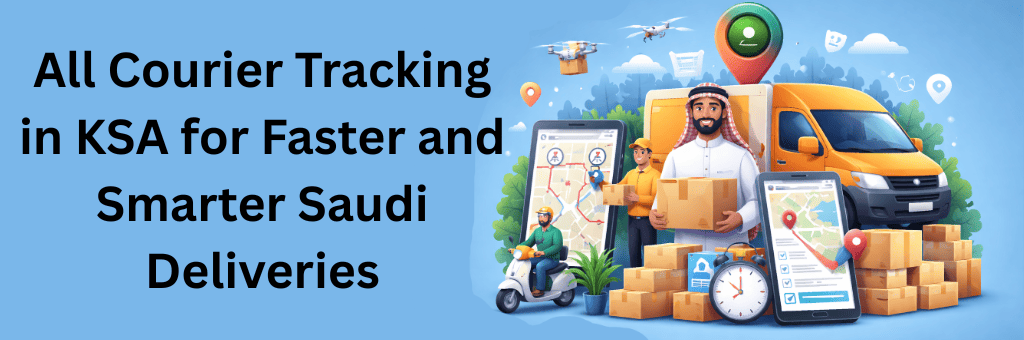 Illustration showing courier tracking in Saudi Arabia with delivery vans, scooters, drones, and mobile maps highlighting faster and smarter parcel deliveries