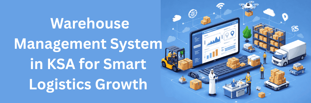 Isometric illustration of a warehouse management system in KSA showing smart logistics growth with dashboard analytics, forklifts, delivery truck, drones, and workers managing inventory in a modern warehouse