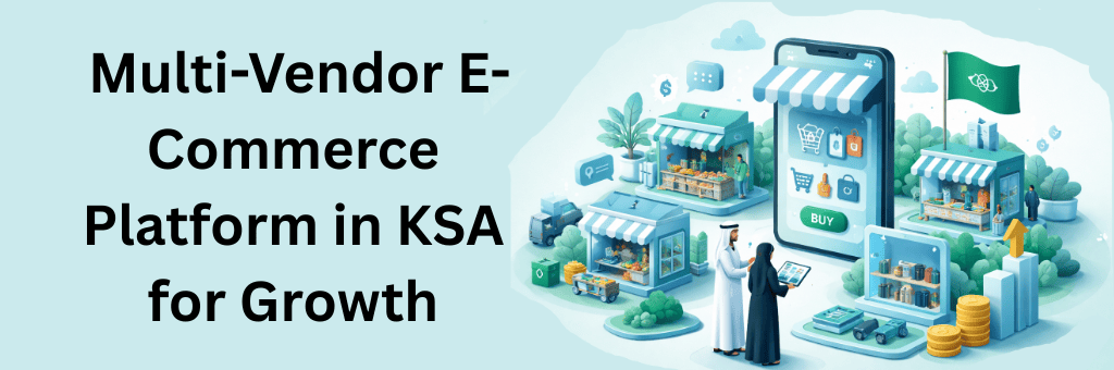Isometric illustration of a multi-vendor e-commerce platform in KSA showing a smartphone marketplace interface, Saudi vendors, delivery trucks, and growth charts on a single light background