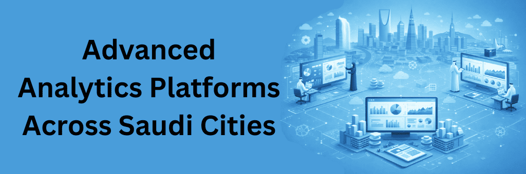 Isometric visual of advanced analytics platforms connecting Saudi cities with data dashboards, cloud systems, and professionals monitoring performance metrics