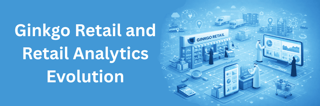Isometric illustration of Ginkgo Retail storefront integrated with retail analytics dashboards, mobile commerce screens, and connected logistics systems