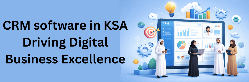 Digital illustration of Saudi professionals using CRM software in KSA with analytics dashboard, growth charts, automation icons, and modern business interface on a single blue background