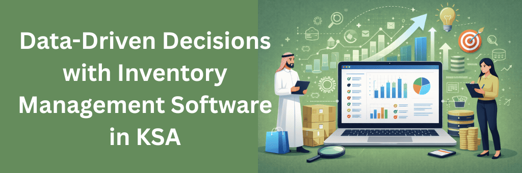 Business professionals analyzing inventory management software in KSA on a laptop, surrounded by charts, analytics graphs, warehouse boxes, and data visualization elements on a green background