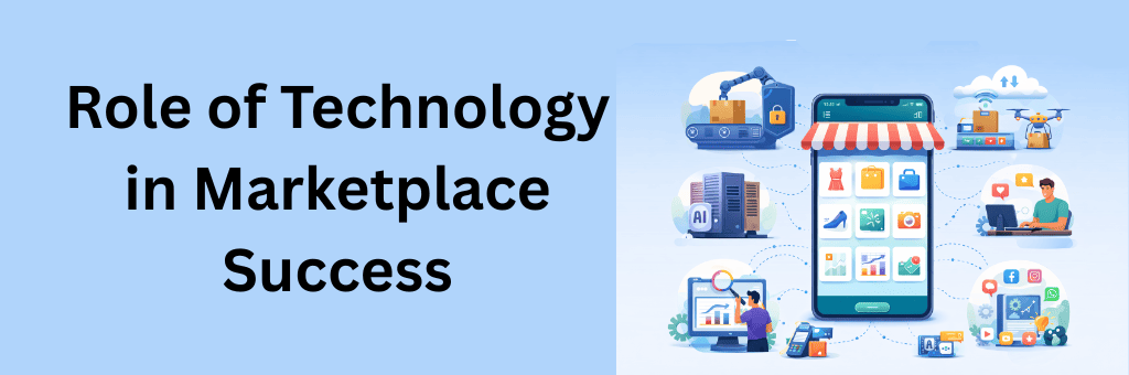 Technology in marketplace success showing AI, cloud computing, analytics, secure payments, and digital commerce integration
